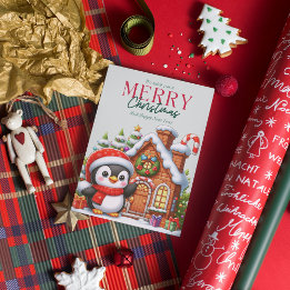 Cute Christmas Penguin and Gingerbread House  Holiday Card
