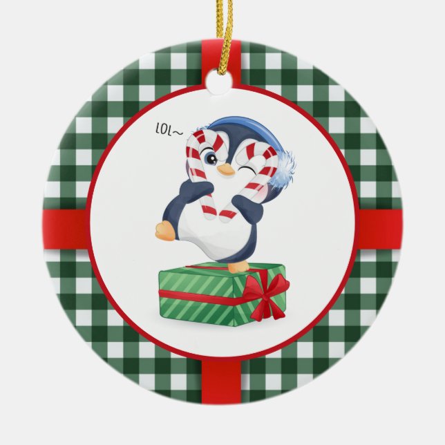Cute Christmas Penguin Ceramic Ornament (Front)