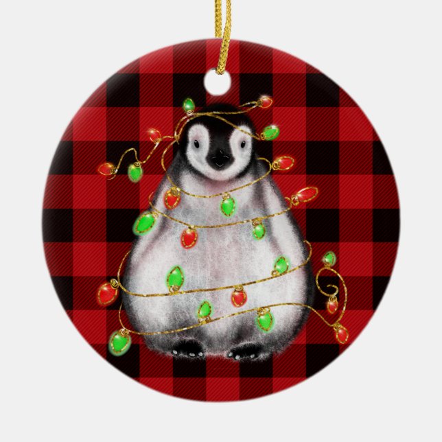 Cute Christmas penguin drawing red black plaid  Ceramic Ornament (Front)