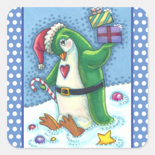 CUTE CHRISTMAS PENGUIN DRESSED IN GREEN, HOLIDAY SQUARE STICKER