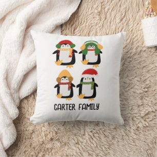 Cute Christmas Penguin family Watercolor Throw Pillow