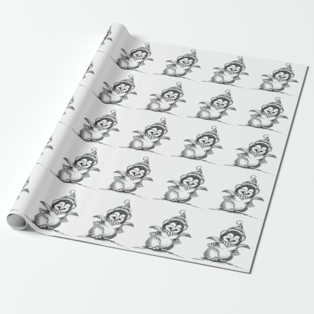 Cute Christmas Penguin, Happy Baby Bird Wrapping Paper (Unrolled)