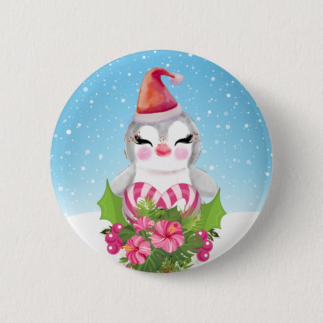 Cute Christmas Penguin in Santa Hat 2 Inch Round Button (Front)
