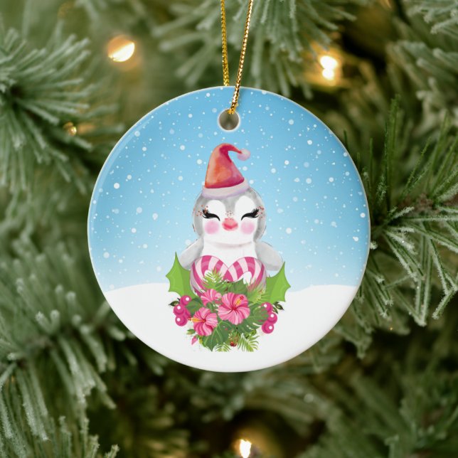 Cute Christmas Penguin in Santa Hat Ceramic Ornament (Tree)