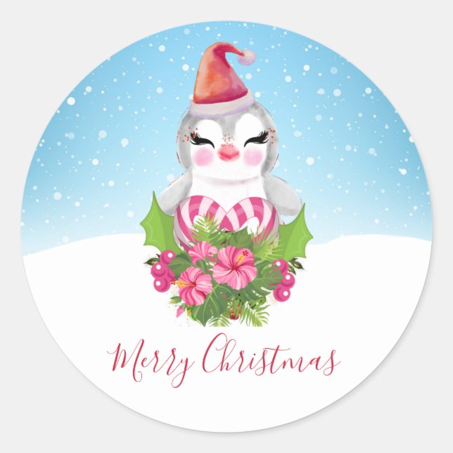 Cute Christmas Penguin in Santa Hat Classic Round Sticker (Front)