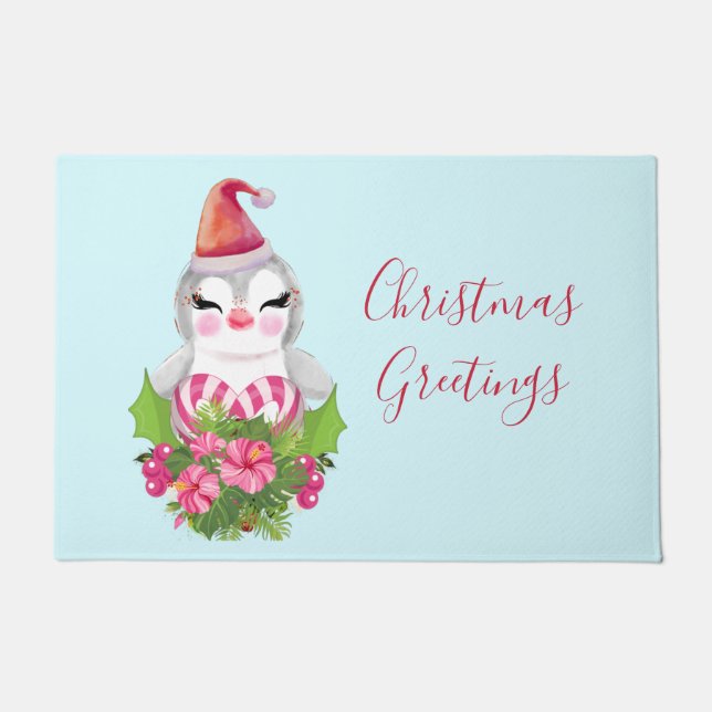 Cute Christmas Penguin in Santa Hat Doormat (Front)