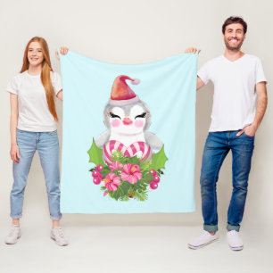 Cute Christmas Penguin in Santa Hat Fleece Blanket