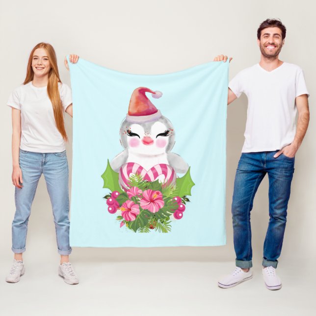 Cute Christmas Penguin in Santa Hat Fleece Blanket (In Situ)
