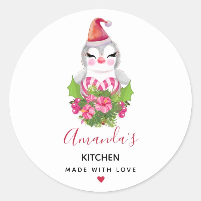 Cute Christmas Penguin in Santa Hat Kitchen Classic Round Sticker (Front)