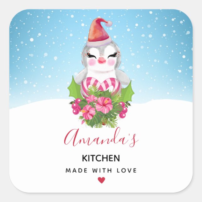 Cute Christmas Penguin in Santa Hat Kitchen Square Sticker (Front)