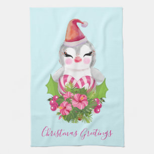 Cute Christmas Penguin in Santa Hat Kitchen Towel