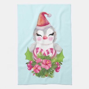 Cute Christmas Penguin in Santa Hat Kitchen Towel