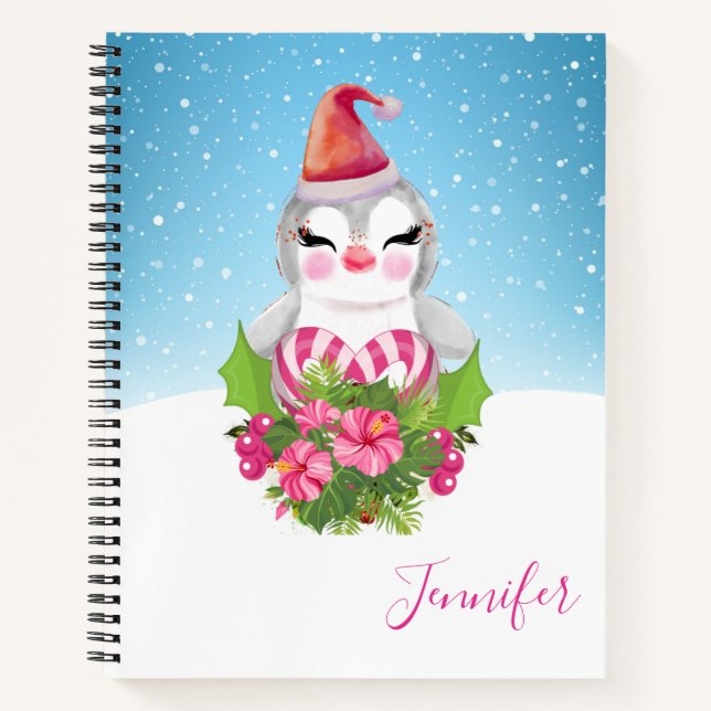 Cute Christmas Penguin in Santa Hat Notebook (Front)