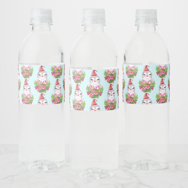 Cute Christmas Penguin in Santa Hat Pattern Water Bottle Label (Bottles)