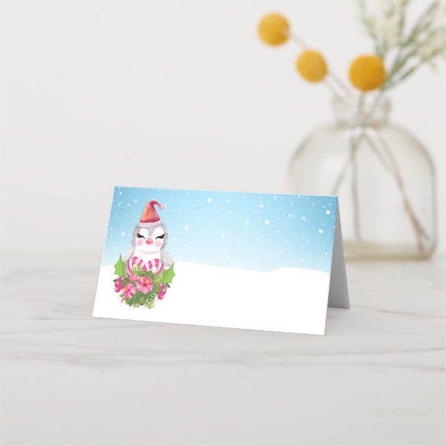 Cute Christmas Penguin in Santa Hat Place Card (Front)