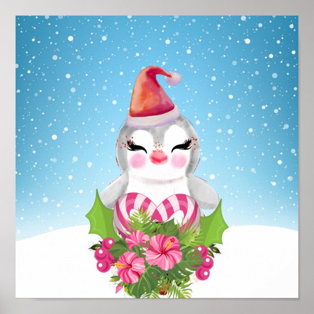 Cute Christmas Penguin in Santa Hat Poster (Front)