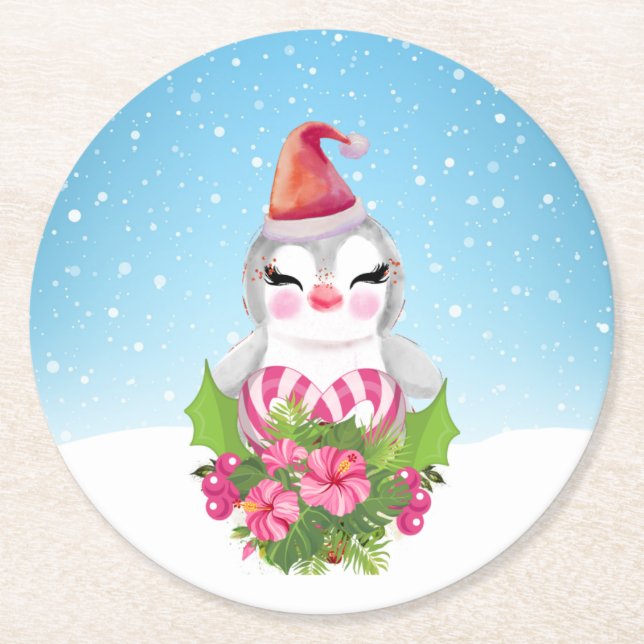 Cute Christmas Penguin in Santa Hat Round Paper Coaster (Front)