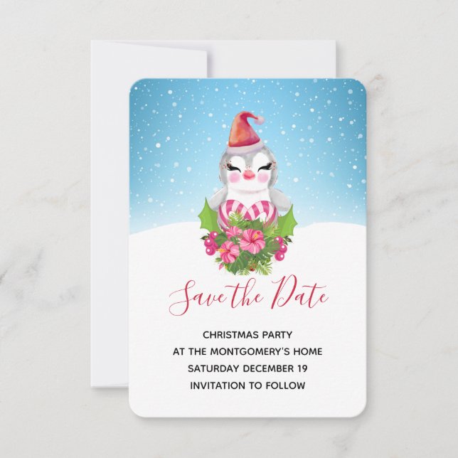 Cute Christmas Penguin in Santa Hat Save The Date (Front)