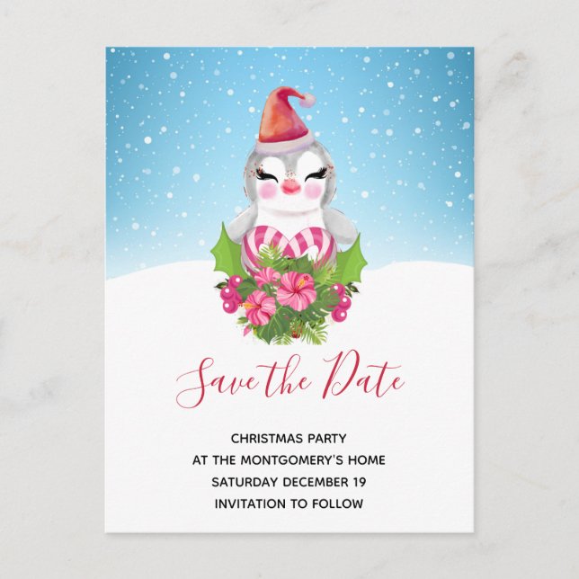 Cute Christmas Penguin in Santa Hat Save the Date Invitation Postcard (Front)