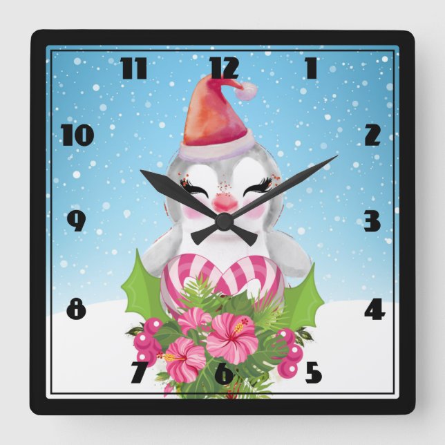 Cute Christmas Penguin in Santa Hat Square Wall Clock (Front)