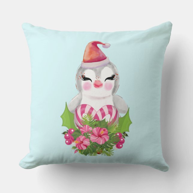 Cute Christmas Penguin in Santa Hat Throw Pillow (Front)
