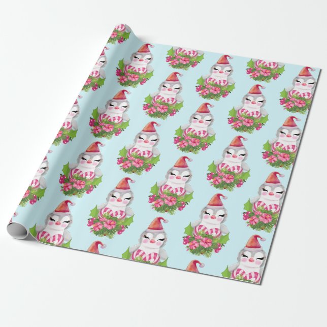 Cute Christmas Penguin in Santa Hat Wrapping Paper (Unrolled)