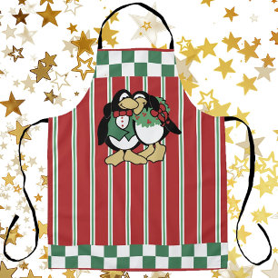 Cute Christmas Penguin Love Festive Couple Striped Apron