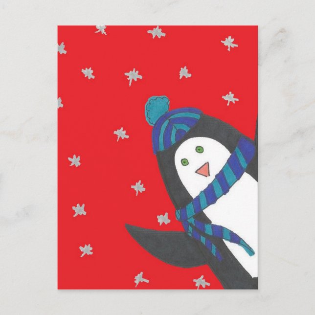 Cute Christmas Penguin on Red Postcard (Front)