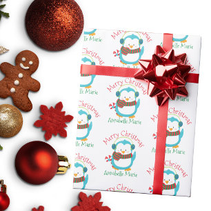 Cute Christmas Penguin Personalized Kids Party Wrapping Paper