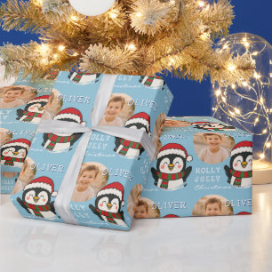 Cute Christmas Penguin Personalized Photo Wrapping Paper