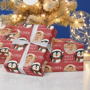 Cute Christmas Penguin Personalized Photo Wrapping Paper