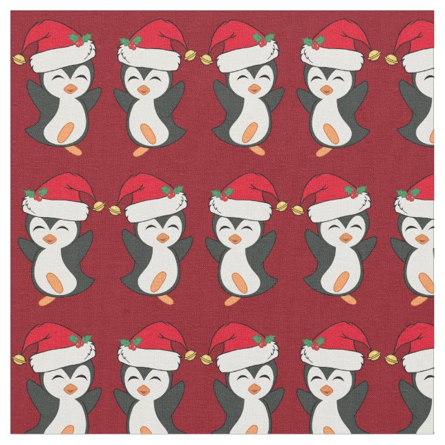 Cute Christmas Penguin Red Holiday Fabric (Close Up)