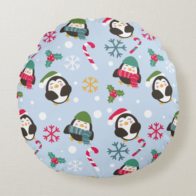 Cute Christmas Penguin Round Pillow (Front)