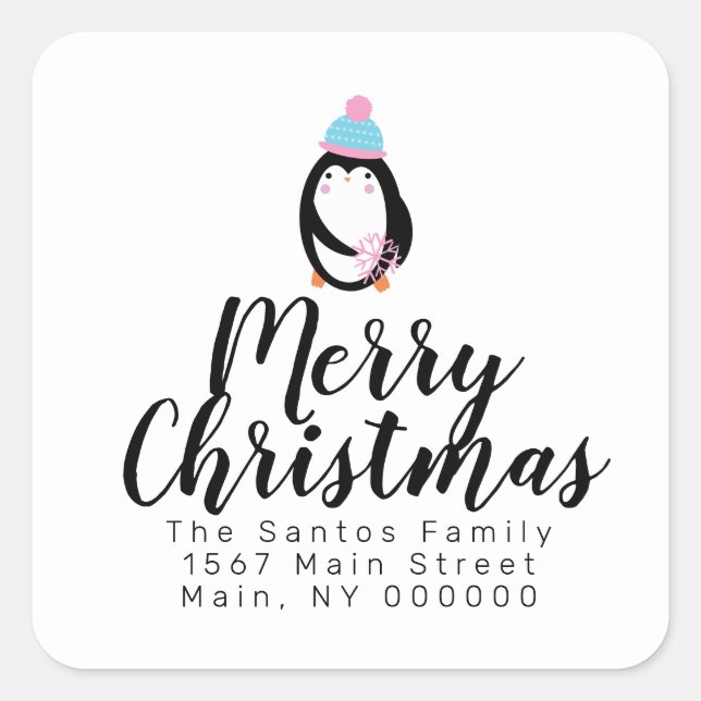 Cute Christmas Penguin Snowflake  Address Square Sticker (Front)