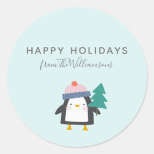 Cute Christmas Penguin Teal Mint Personalized  Classic Round Sticker