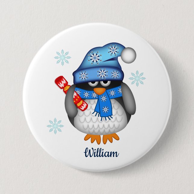Cute christmas penguin with custom name 3 inch round button (Front)