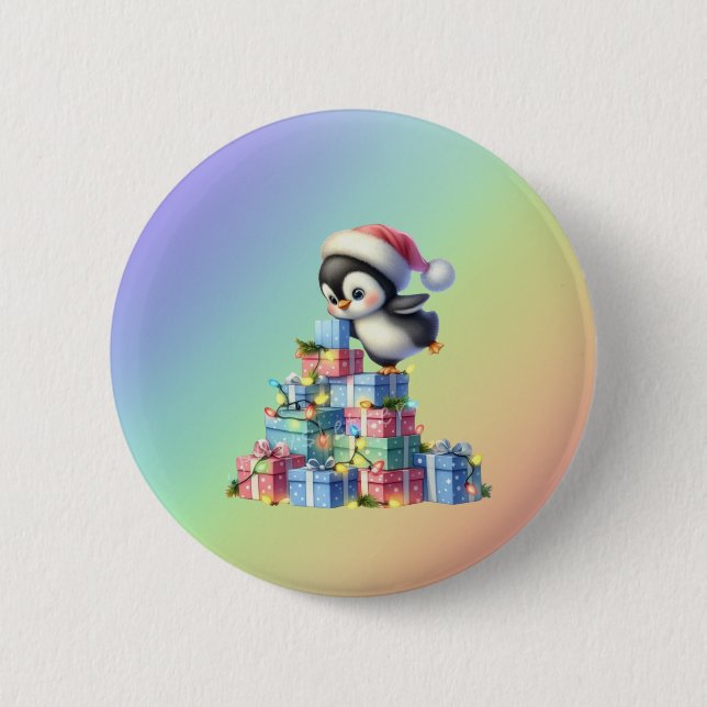 Cute Christmas Penguin with Gifts and Lights Card 2 Inch Round Button (Front)
