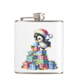 Cute Christmas Penguin with Gifts and Lights Card Hip Flask