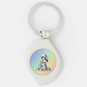 Cute Christmas Penguin with Gifts and Lights Card Keychain