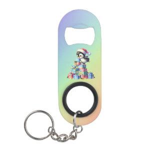Cute Christmas Penguin with Gifts and Lights Card Keychain Bottle Opener
