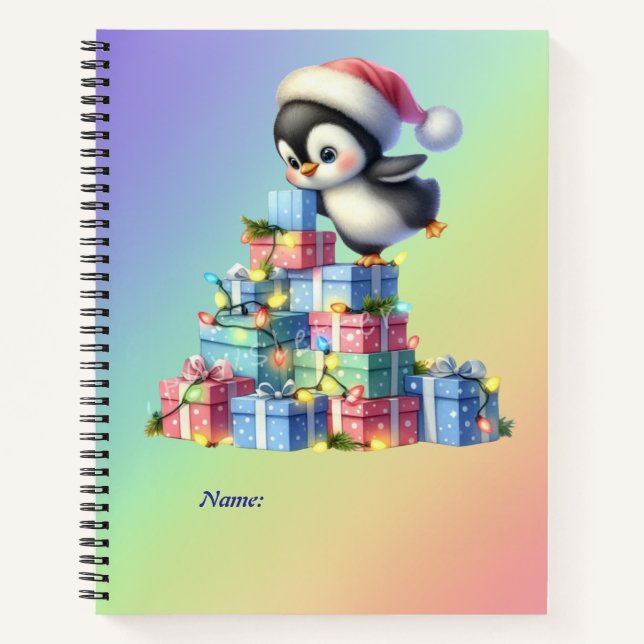 Cute Christmas Penguin with Gifts and Lights Card Notebook (Front)