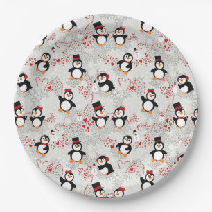 Cute Christmas Penguins Hearts & Candy Pattern Paper Plate