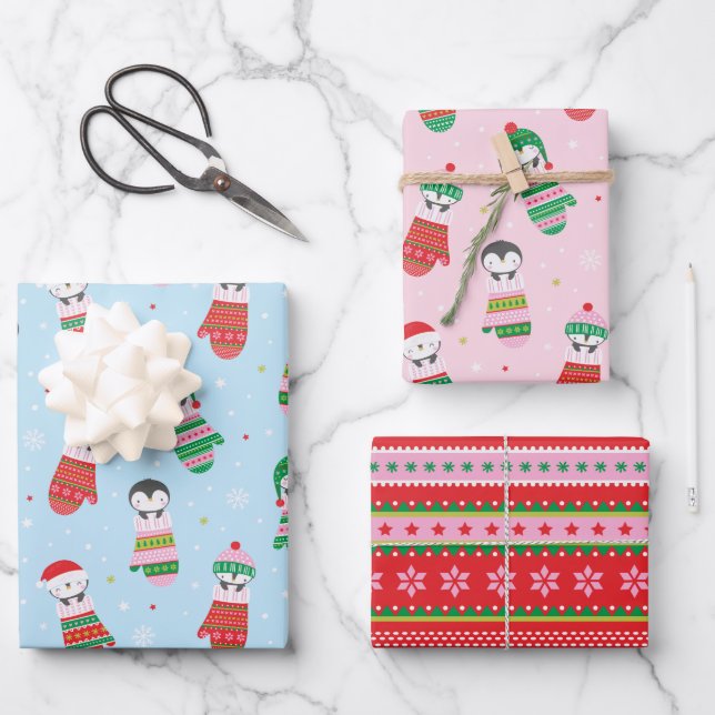 Cute Christmas Penguins in knitted mittens Wrapping Paper Sheet (Front)