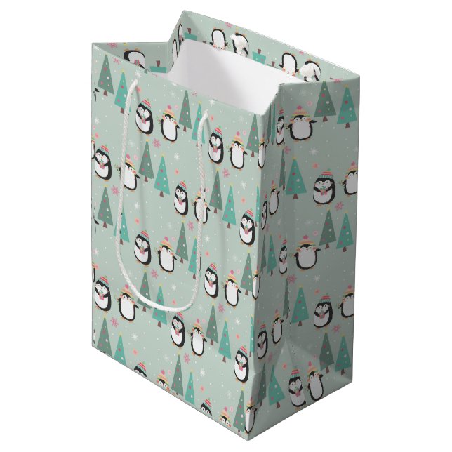 Cute Christmas Penguins Medium Gift Bag (Front Angled)