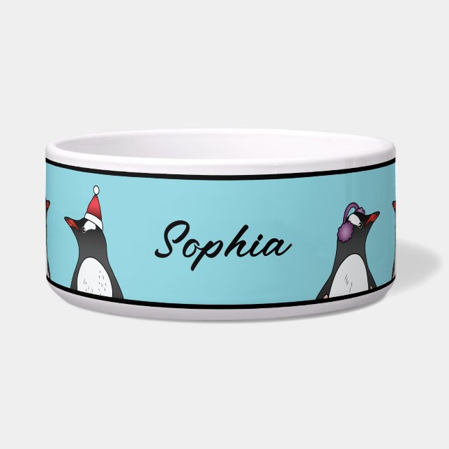 Cute Christmas Penguins On Blue With Custom Name (Front)