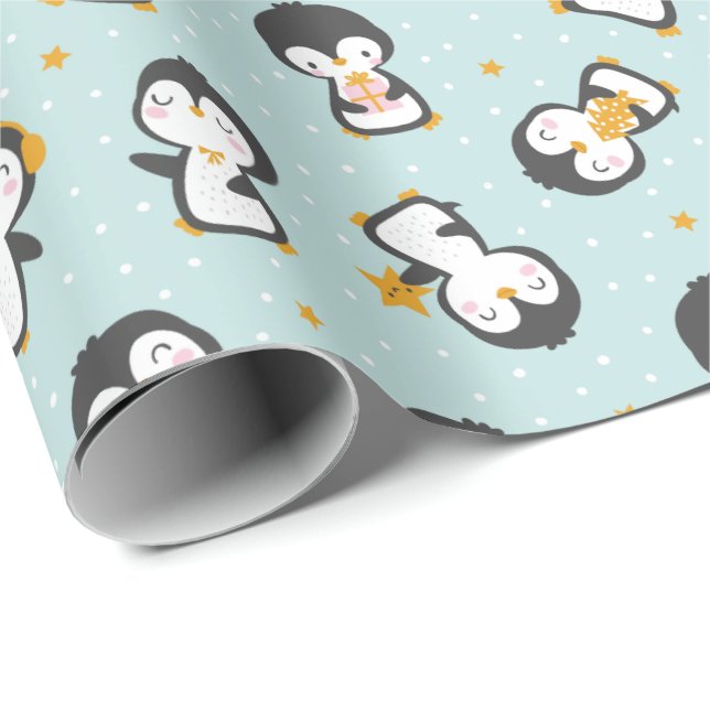 Cute christmas Penguins on blue Wrapping Paper (Roll Corner)