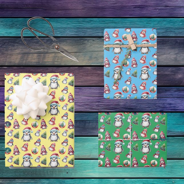 Cute Christmas Penguins on Yellow Green and Blue Wrapping Paper Sheet (Creator Uploaded)