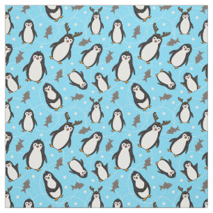 Cute Christmas Penguins Pale Blue Patterned Fabric