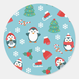 Cute Christmas Penguins Pattern Classic Round Sticker