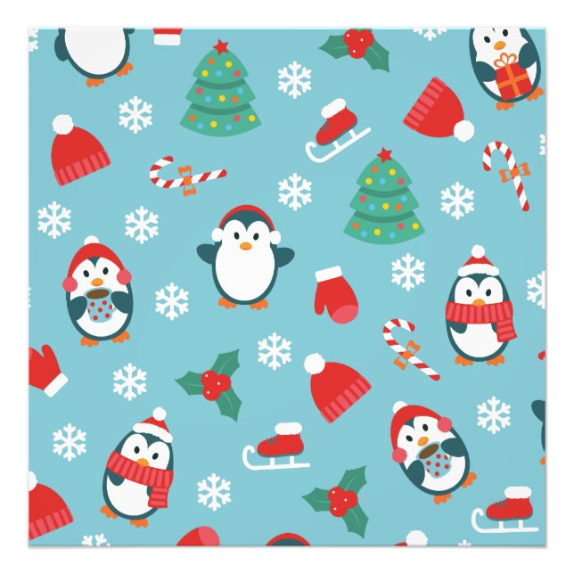 Cute Christmas Penguins Pattern Photo Print (Front)